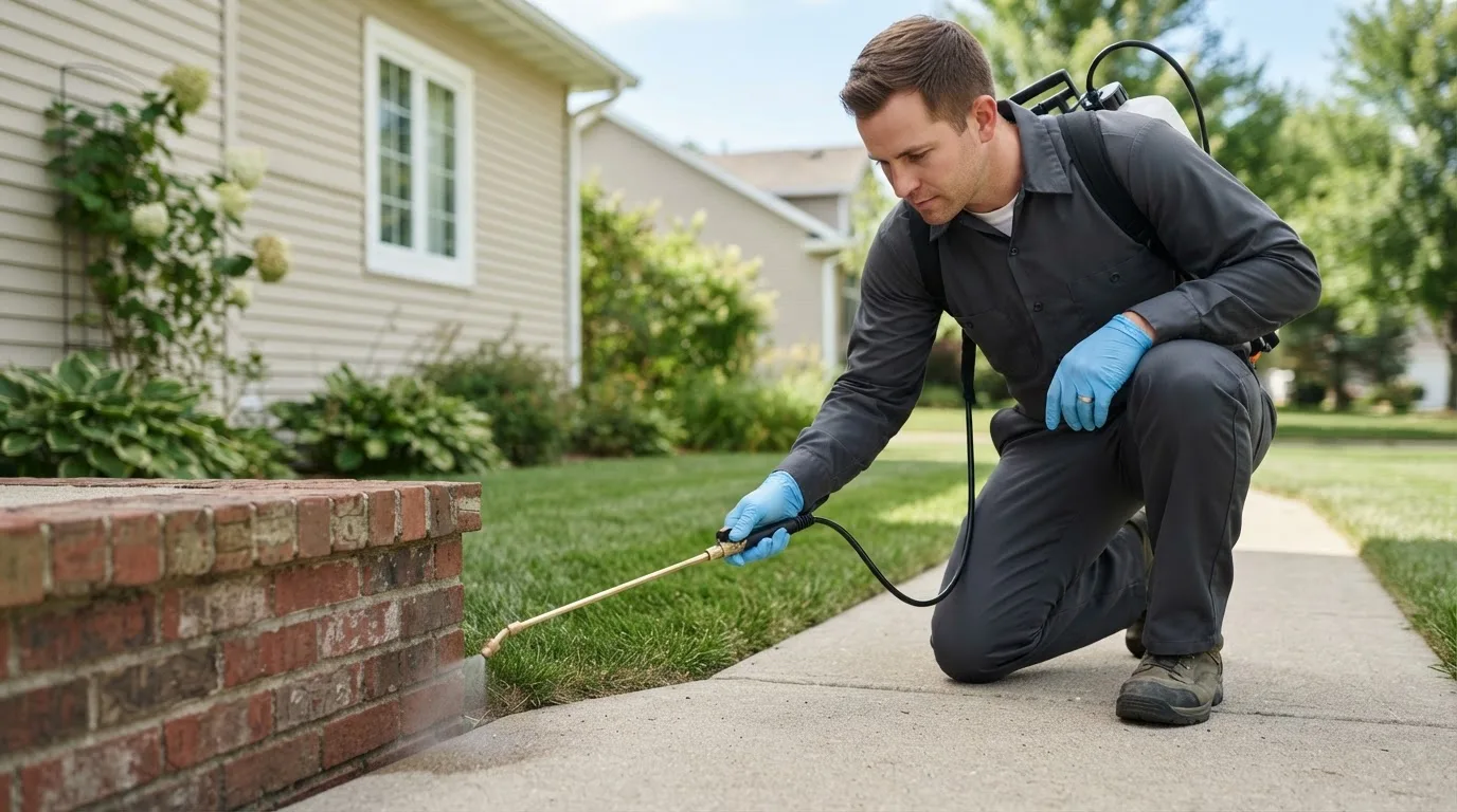 Pest control technician treating a home near North Hatfield, MA