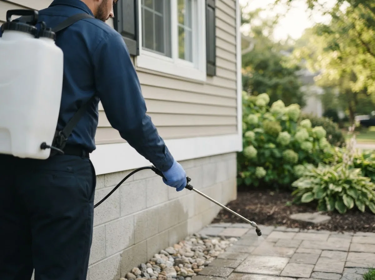 Pest control technician inspecting a home in North Hatfield, MA